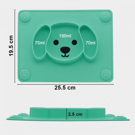 Farfurie compartimentata din silicon FizioTab®, bol de invatare pentru copii cu ventuze, forma catelus, 25.5 cm X 19.5 cm, Verde [2]