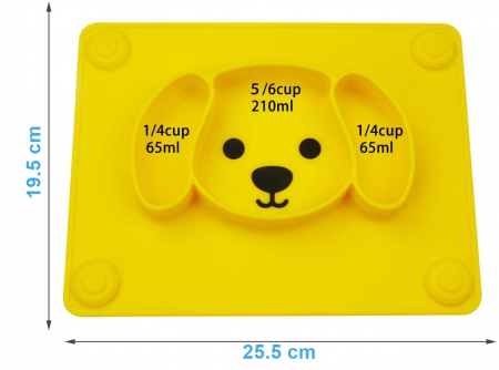 Farfurie compartimentata din silicon FizioTab®, castron de invatare pentru copii cu ventuze, forma catelus, 25.5 cm X 19.5 cm, Galben [2]