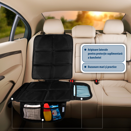 Husa Protectie Bancheta Auto Cu Aripioare FizioTab®, 4 Buzunare de Depozitare, Impermeabila, 120 X 84 cm, Negru [2]