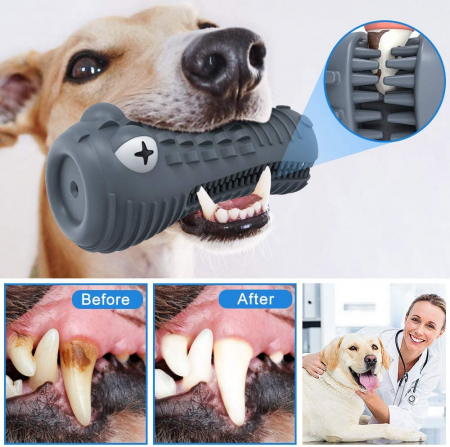 Jucarie de Ros pentru Caini, FizioTab®, Crocodil, Dog Dental Chew Toy, Gri, Cadou Periuta de Curatat [6]