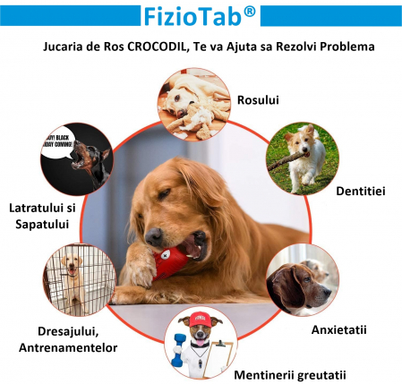 Jucarie de Ros pentru Caini, FizioTab®, Crocodil, Dog Dental Chew Toy, Rosu, Cadou Periuta de Curatat [1]