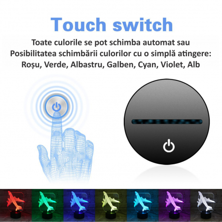 Lampa De Veghe 3D LED FizioTab®, 7 Culori, Lumina Ambientala, Alimentare USB, Avion [1]
