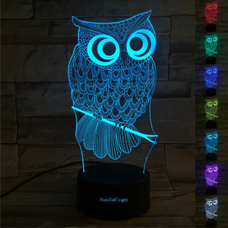 Lampa De Veghe 3D LED FizioTab® 7 Culori, Lumina Ambientala, Alimentare USB, Bufnita