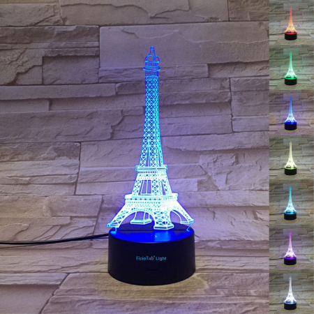 Lampi de veghe - Lampa De Veghe 3D LED FizioTab® 7 Culori, Lumina Ambientala, Alimentare USB, Turnul Eiffel