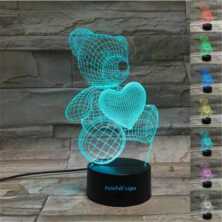 Lampi de veghe - Lampa De Veghe 3D LED FizioTab® 7 Culori, Lumina Ambientala, Alimentare USB, Ursulet