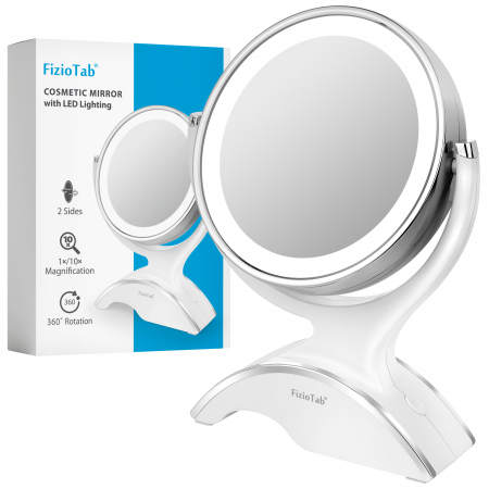 Oglinda Cosmetica FizioTab®, Iluminata Led, Dimabila, 2 Fete, Marire 10X, Baterii si Cablu USB Incluse, Alb