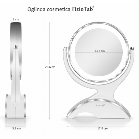 Oglinda Cosmetica FizioTab®, Iluminata Led, Dimabila, 2 Fete, Marire 10X, Baterii si Cablu USB Incluse, Alb [5]