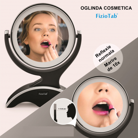 Oglinda Cosmetica FizioTab®, Iluminata Led, Dimabila, 2 Fete, Marire 10X, Baterii si Cablu USB Incluse, Negru [1]