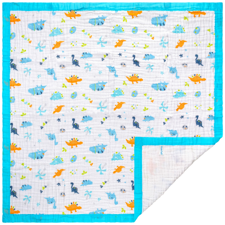 Paturica FizioTab® pentru Bebe, Muselina 6 Straturi, 110 x 110 cm, din bumbac, Model Dinozauri