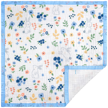 Paturica FizioTab® pentru Bebe, Muselina 6 Straturi, 110 x 110 cm, din Bumbac, Model Floral cu Iepurasi