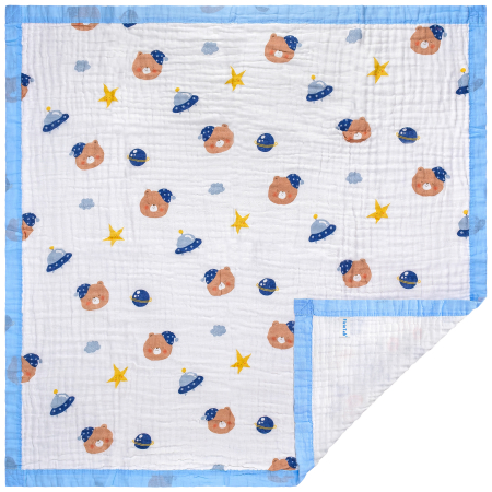 Paturici - Paturica FizioTab® pentru Bebe, Muselina 6 Straturi, 110 x 110 cm, din bumbac, Model Ursi Spatiali