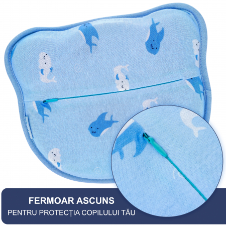 Perna Bebelusi FizioTab® Anti Plagiocefalie pentru Formarea Capului cu 2 Huse de Protectie, Spuma cu Memorie, Albastru, Balene [4]