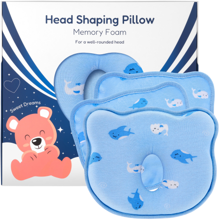 Bebe&Copii - Perna Bebelusi FizioTab® Anti Plagiocefalie pentru Formarea Capului cu 2 Huse de Protectie, Spuma cu Memorie, Albastru, Balene