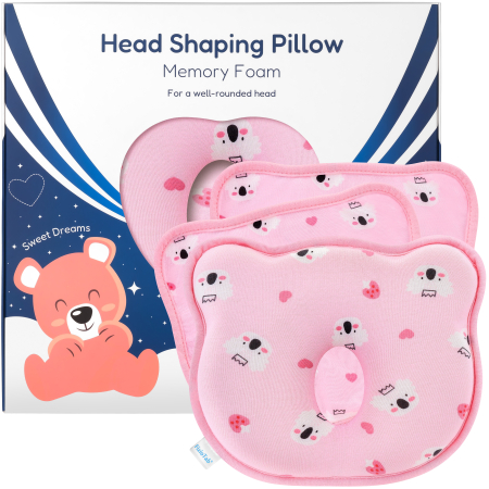Perna Bebelusi FizioTab® Anti Plagiocefalie pentru Formarea Capului cu 2 Huse de Protectie, Spuma cu Memorie, Roz, Ursulei Koala