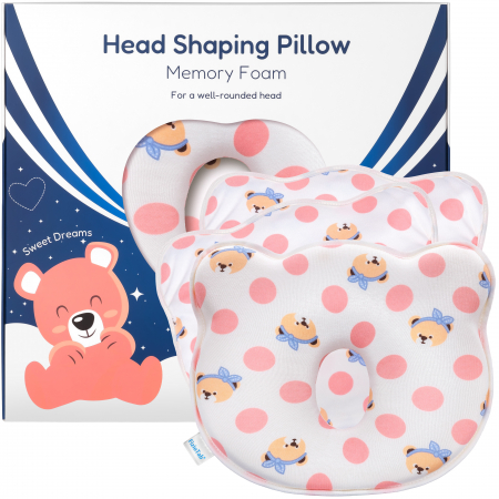Perne bebelusi - Perna Bebelusi FizioTab® cu 2 Huse de Protectie pentru Formarea Capului, Anti Plagiocefalie, Spuma cu Memorie, Pink Dots