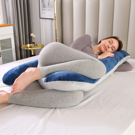 Perna Gravide FizioTab® cu Husa Detasabila, 70x145 cm, Forma Literei U, Velvet, Albastru/Gri [5]