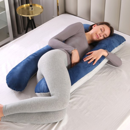 Perna Gravide FizioTab® cu Husa Detasabila, 70x145 cm, Forma Literei U, Velvet, Albastru/Gri [9]