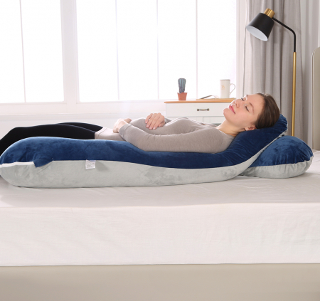 Perna Gravide FizioTab® cu Husa Detasabila, 70x145 cm, Forma Literei U, Velvet, Albastru/Gri [3]