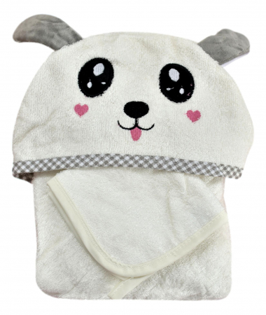 Prosoape si halate de bambus - Prosop de Baie cu Gluga din Bambus pentru Bebelusi FizioTab®, Super Absorbant, Tip Halat, Moale si Pufos, 90X90 cm, Model Catelus