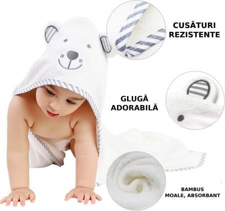 Prosop de Baie cu Gluga pentru Bebelusi din Bambus Super Absorbant si Moale FizioTab®, Tip Halat, 90X100 cm, 0-4 ani, Model Ursulet Alb cu Gri [2]
