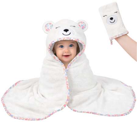 Prosoape si halate de bambus - Prosop de Baie cu Gluga pentru Bebelusi din Bambus Super Absorbant si Moale FizioTab®, Tip Halat, 90X100 cm, 0-4 ani, Model Ursulet Alb/Roz Floral, Manusa inclusa