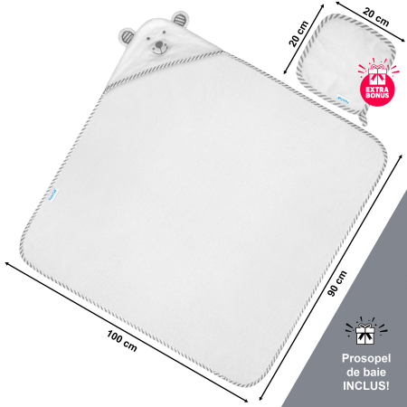 Prosop de Baie cu Gluga pentru Bebelusi din Bambus Super Absorbant si Moale FizioTab®, Tip Halat, 90X100 cm, 0-4 ani, Model Ursulet Alb cu Gri [1]