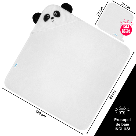 Prosop de Baie cu Gluga pentru Bebelusi din Bambus Super Absorbant si Moale FizioTab®, Tip Halat, 90X100 cm, 0-4 ani, Model Ursulet Panda, Alb/Negru [1]