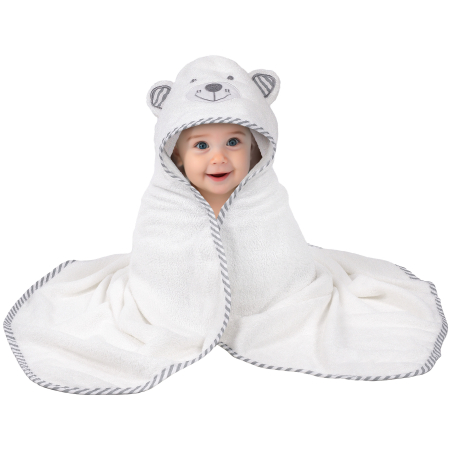 Prosoape si halate de bambus - Prosop de Baie cu Gluga pentru Bebelusi din Bambus Super Absorbant si Moale FizioTab®, Tip Halat, 90X100 cm, 0-4 ani, Model Ursulet Alb cu Gri