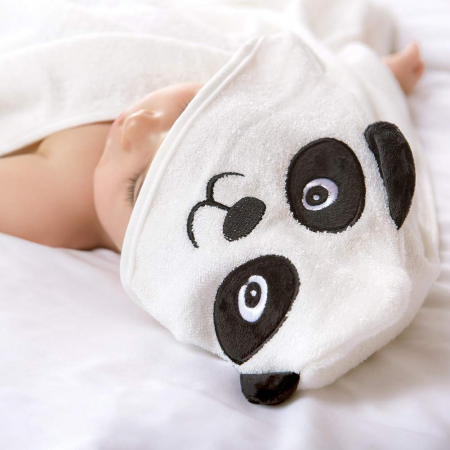 Prosop de Baie cu Gluga pentru Bebelusi din Bambus Super Absorbant si Moale FizioTab®, Tip Halat, 90X100 cm, 0-4 ani, Model Ursulet Panda, Alb/Negru [6]