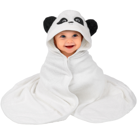 Prosoape si halate de bambus - Prosop de Baie cu Gluga pentru Bebelusi din Bambus Super Absorbant si Moale FizioTab®, Tip Halat, 90X100 cm, 0-4 ani, Model Ursulet Panda, Alb/Negru
