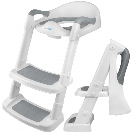 Reductoare wc - Reductor WC Copii cu Scarita Pliabil FizioTab®, cu Suprafata Antialunecare cu Cifre si Litere, Antiderapant, Portabil, Alb/Gri