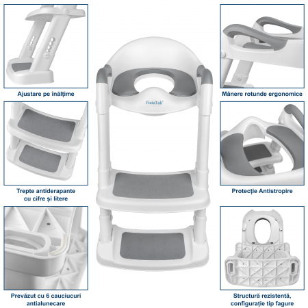 Reductor WC Copii cu Scarita Pliabil FizioTab®, cu Suprafata Antialunecare cu Cifre si Litere, Antiderapant, Portabil, Alb/Gri [3]