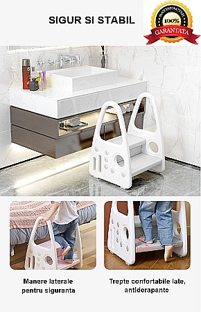 Scaunel Copii Inaltator Wc cu Manere, FizioTab®, Tip Scarita, cu Doua Trepte si Suprafata Antialunecare, Alb/Gri [5]