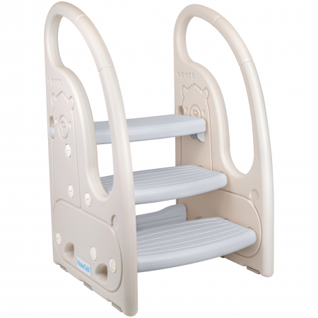Bebe&Copii - Scaunel Inaltator Copii cu Manere, FizioTab®, Tip Scara, cu Trei Trepte, Reversibila si Suprafata Anti-alunecare, Utilizare in Bucatarie, Baie, Alpaca Alb/Gri