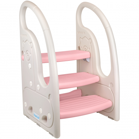Bebe&Copii - Scaunel Inaltator Copii cu Manere, FizioTab®, Tip Scara, cu Trei Trepte, Reversibila si Suprafata Anti-alunecare, Utilizare in Bucatarie, Baie, Alpaca Alb/Roz