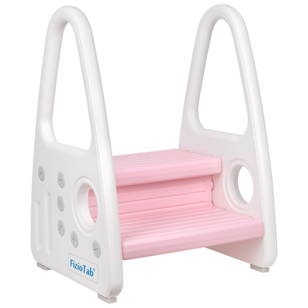Scaunel Inaltator Copii FizioTab® cu Manere, Doua Trepte, Suprafata Anti-alunecare, pentru Baie/Bucatarie, Alb/Roz