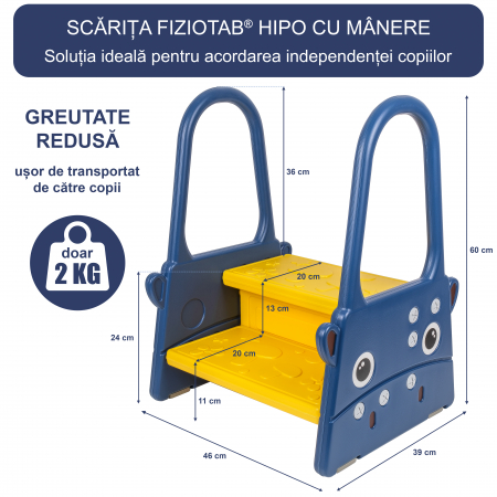 Scaunel Inaltator Copii FizioTab® cu Manere, Doua Trepte, Suprafata Anti-alunecare, pentru Baie/Bucatarie, Hipo Albastru Inchis/Galben [4]