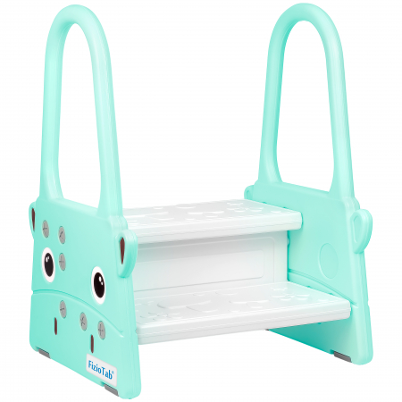 Scaunel Inaltator Copii FizioTab® cu Manere, Doua Trepte, Suprafata Anti-alunecare, pentru Baie/Bucatarie, Hipo Albastru Turcoaz