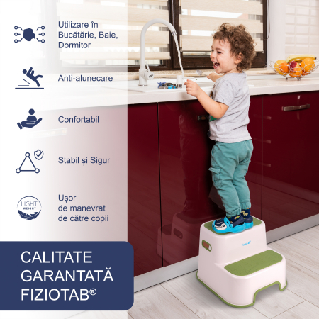 Scaunel Inaltator Copii FizioTab® in Doua Trepte, Suprafata Antialunecare cu Cifre si Litere, pentru Bucatarie/Baie, Verde [1]