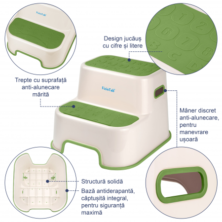 Scaunel Inaltator Copii FizioTab® in Doua Trepte, Suprafata Antialunecare cu Cifre si Litere, pentru Bucatarie/Baie, Verde [2]