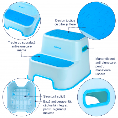 Scaunel Inaltator WC in Doua Trepte FizioTab®, cu Suprafata Antialunecare cu Cifre si Litere, Multifunctional, Albastru turcoaz [2]