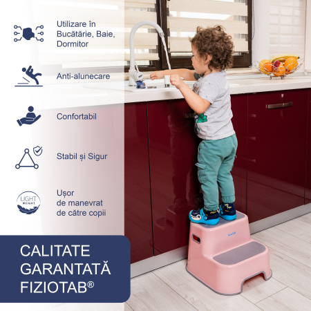 Scaunel Inaltator WC in Doua Trepte FizioTab®, cu Suprafata Antialunecare cu Cifre si Litere, Multifunctional, Roz/Gri [1]