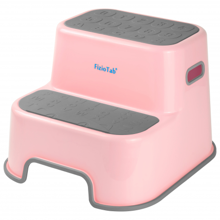Scaunele inaltatoare - Scaunel Inaltator WC in Doua Trepte FizioTab®, cu Suprafata Antialunecare cu Cifre si Litere, Multifunctional, Roz/Gri