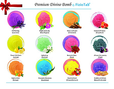 Set 12 Bile de Baie Efervescente cu Arome si Culori Diferite, FizioTab® Divine Bath Bombs, Bombe de Baie pentru Adulti si Copii cu Uleiuri Esentiale [1]