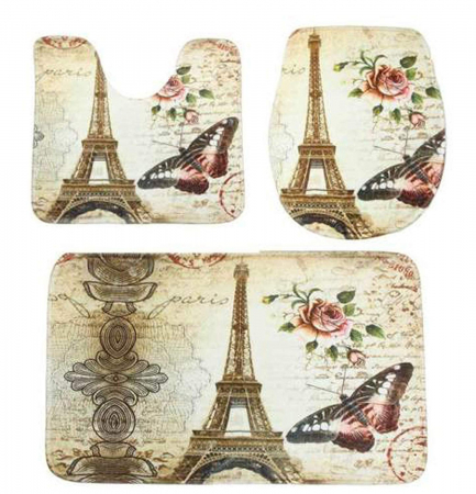 Set 3 Bucati Covorase Baie FizioTab, Antiderapante, Model Turnul Eiffel cu Fluturi, Multicolor
