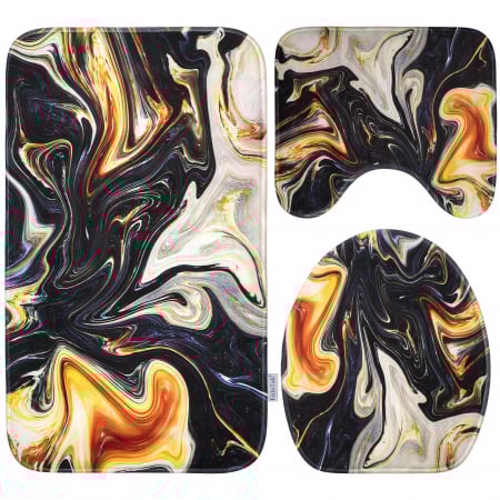 Covorase baie - Set 3 Covorase Baie FizioTab®, Antiderapante, Model Abstract Negru Auriu