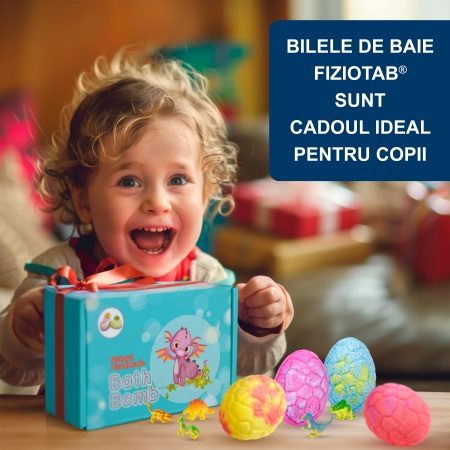 Set 6 Bombe de Baie Efervescente cu Surpiza in Interior, Arome si Culori Diferite, FizioTab® Dino Bath Bombs, Bile de Baie pentru Copii cu Uleiuri Esentiale [1]