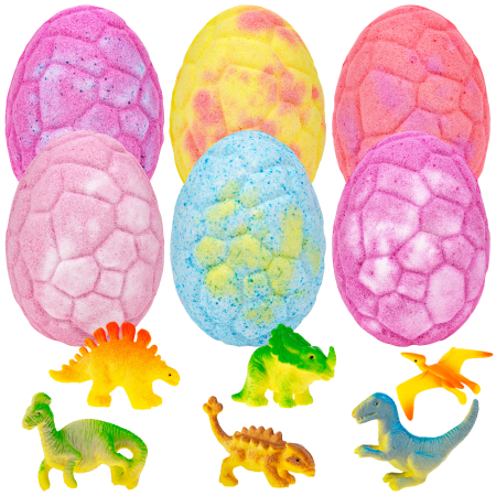 Set 6 Bombe de Baie Efervescente cu Surpiza in Interior, Arome si Culori Diferite, FizioTab® Dino Bath Bombs, Bile de Baie pentru Copii cu Uleiuri Esentiale