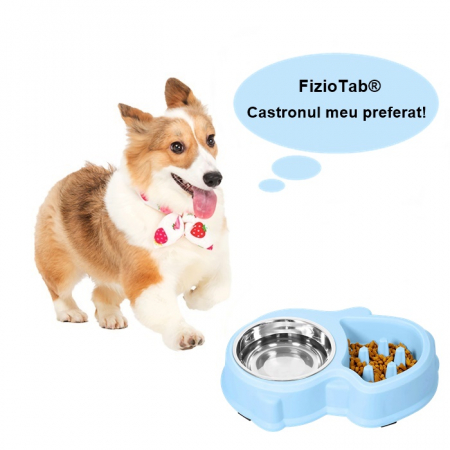 Set Castron 2 in 1, Hranire Lenta si Bol pentru Apa, FizioTab® si 2 Pungi Igienice, pentru Caini de Talie Mica si Medie, Albastru [1]