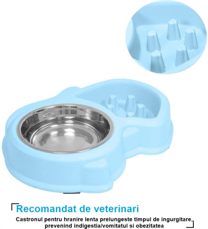Set Castron 2 in 1, Hranire Lenta si Bol pentru Apa, FizioTab® si 2 Pungi Igienice, pentru Caini de Talie Mica si Medie, Albastru [7]